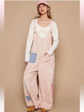 New: POL “Daydreaming” Pink Floral Mixed Patchwork Wide Leg Jumper Overalls• S